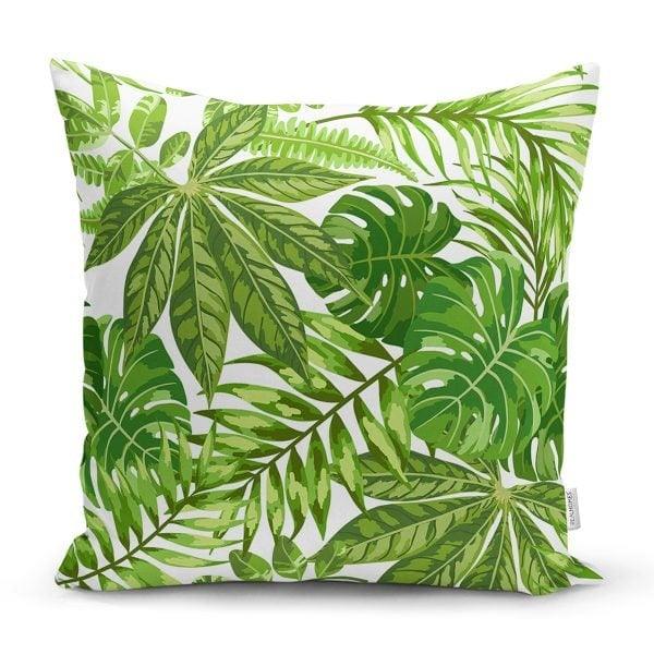 Tropical Leaves Pillow Cover|Green White Floral Pillow Case|Leaf Print Cushion Cover|Decorative Pillow Case|Farmhouse Style Authentic Pillow