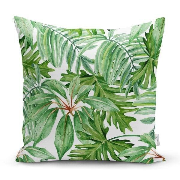 Tropical Leaves Pillow Cover|Green White Floral Pillow Case|Leaf Print Cushion Cover|Decorative Pillow Case|Farmhouse Style Authentic Pillow