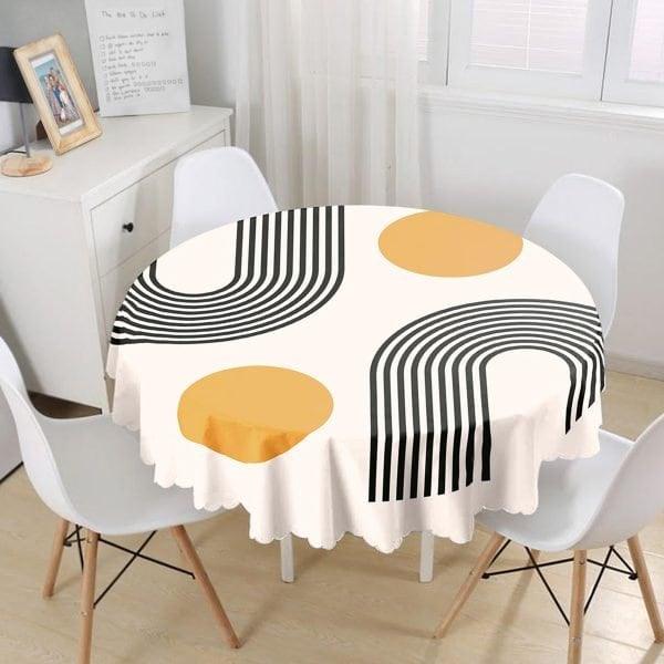 Abstract Tablecloth|Lines and Dots Print Round Table Linen|Farmhouse Kitchen Decor|Decorative Abstract Table Top|Modern Style Circle Table