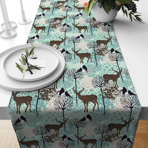 Christmas Table Runner|Winter Trend Table Top|Xmas Deer and Tree Table Decor|Red Berries Table Linen|Christmas Home Decor|Floral Deer Decor