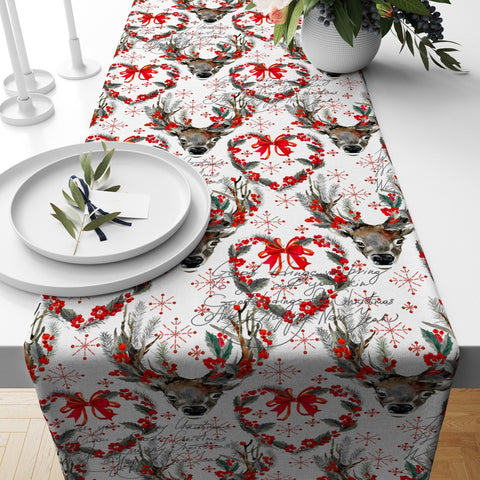 Christmas Table Runner|Winter Trend Table Top|Xmas Deer and Tree Table Decor|Red Berries Table Linen|Christmas Home Decor|Floral Deer Decor