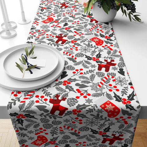 Christmas Table Runner|Winter Trend Table Top|Xmas Deer and Tree Table Decor|Red Berries Table Linen|Christmas Home Decor|Floral Deer Decor