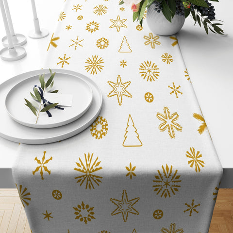 Winter Trend Table Runners|Snow, Houses and Pine Trees Table Decor|Xmas Bell Table Runner|Gold and White Color Decorative Christmas Table