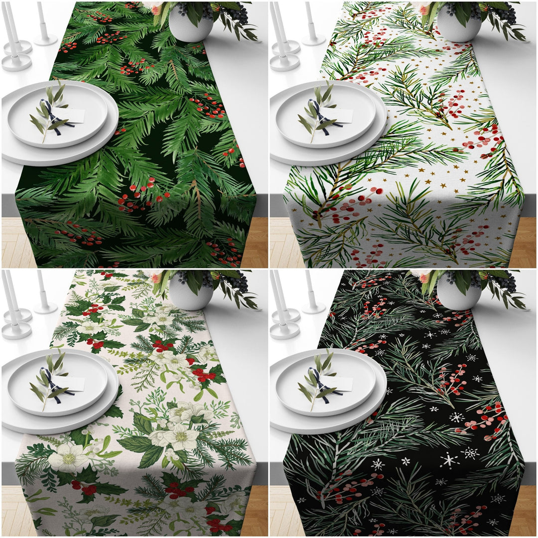 Christmas Table Runners|Winter Trend Table Runner|Green Leaves and Red Berries Home Decor|Green Coniferous on Black Background Tablecloth