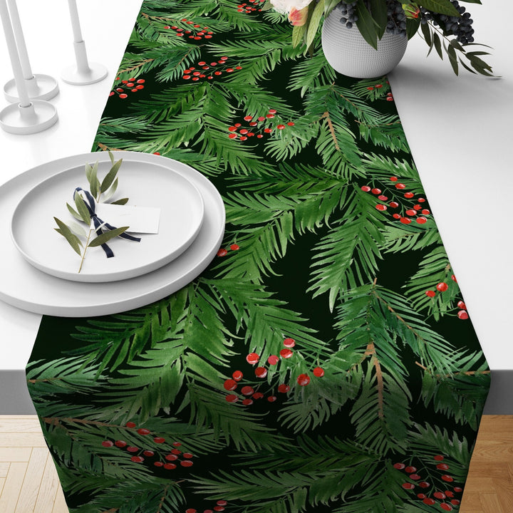 Christmas Table Runners|Winter Trend Table Runner|Green Leaves and Red Berries Home Decor|Green Coniferous on Black Background Tablecloth