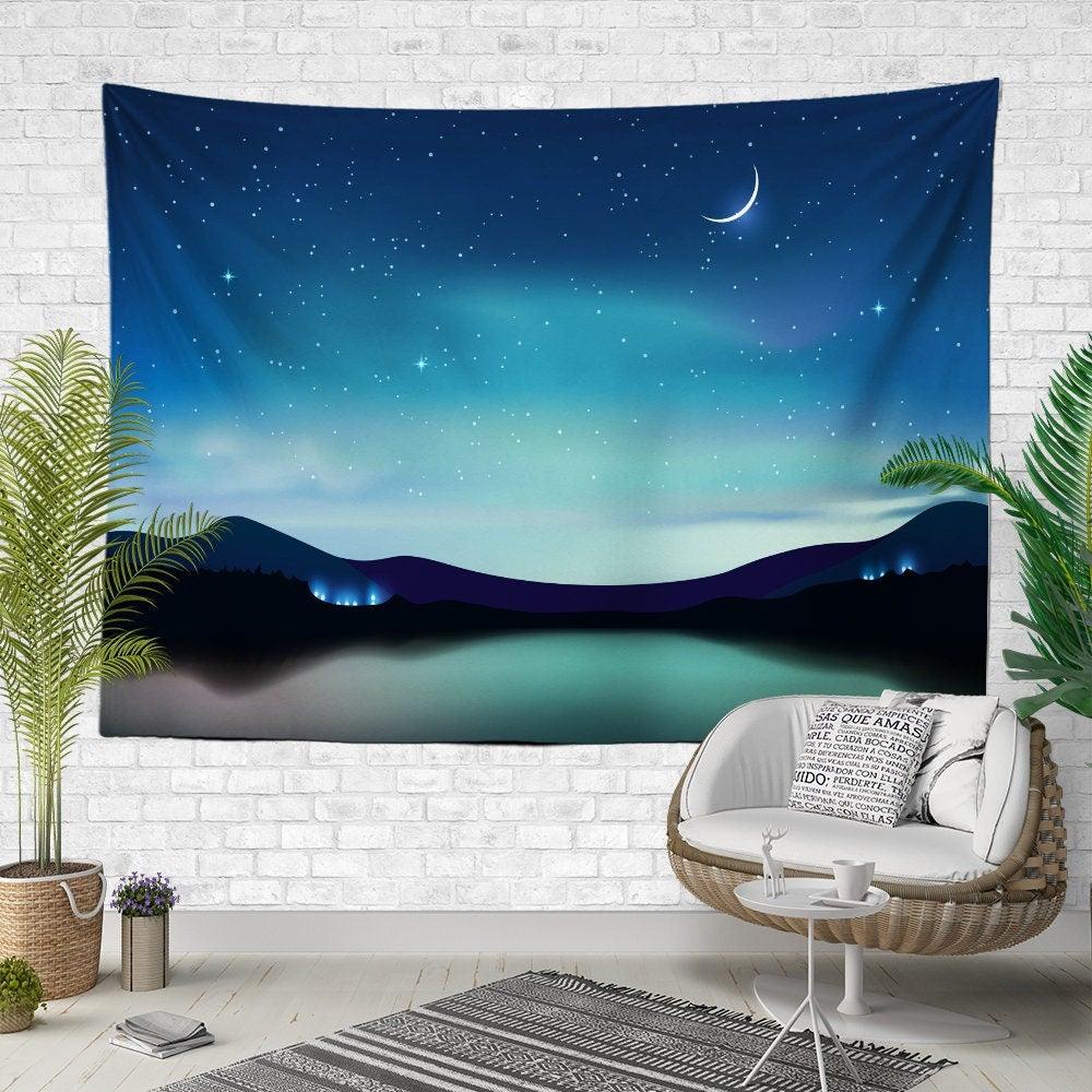 Moon and Sky Wall Tapestry|Girl on The Tree Swing Wall Hanging Art Decor|The Phases of The Moon Fabric Wall Art|Lake View and Moon Tapestry