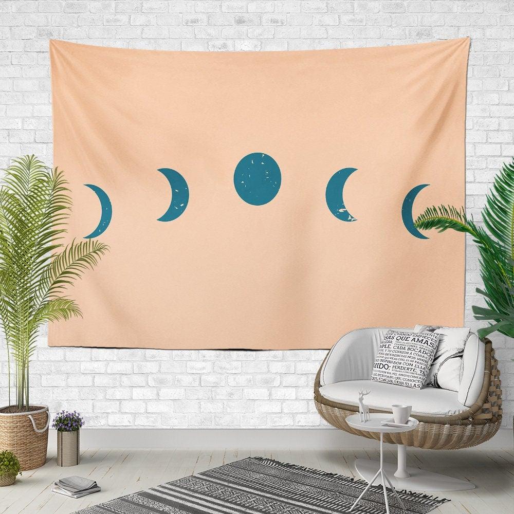 Moon and Sky Wall Tapestry|Girl on The Tree Swing Wall Hanging Art Decor|The Phases of The Moon Fabric Wall Art|Lake View and Moon Tapestry