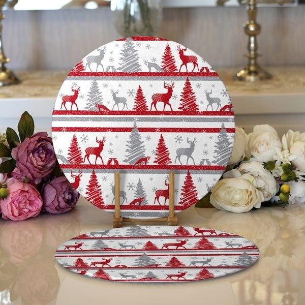 Christmas Placemat|Set of 2 Xmas Design Red White Supla Table Mat|Winter Trend Round American Service Dining Underplate|Farmhouse Xmas Supla