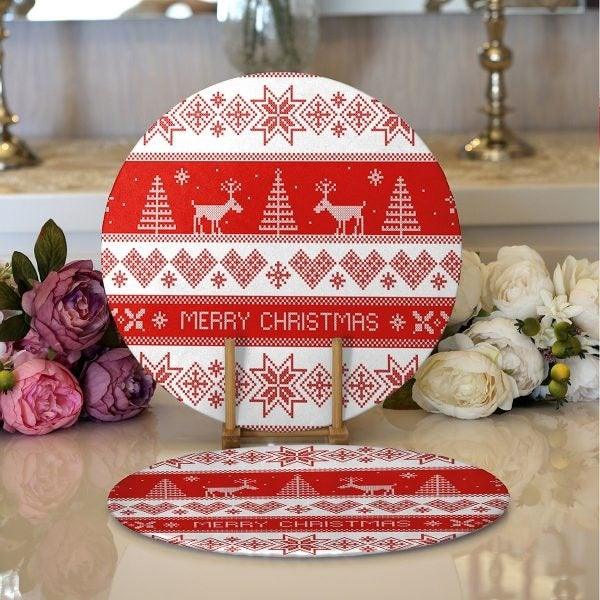 Christmas Placemat|Set of 2 Xmas Design Red White Supla Table Mat|Winter Trend Round American Service Dining Underplate|Farmhouse Xmas Supla