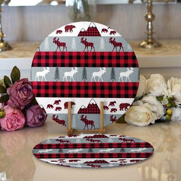 Christmas Placemat|Set of 2 Xmas Deer and Tree Supla Table Mat|Winter Trend Round American Service Dining Underplate|Farmhouse Style Coaster