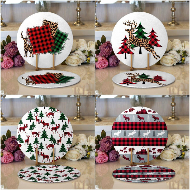 Christmas Placemat|Set of 2 Xmas Deer and Tree Supla Table Mat|Winter Trend Round American Service Dining Underplate|Farmhouse Style Coaster