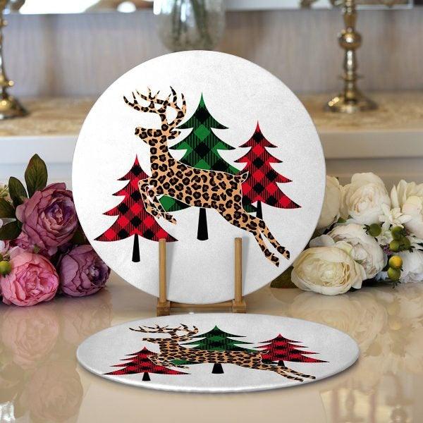 Christmas Placemat|Set of 2 Xmas Deer and Tree Supla Table Mat|Winter Trend Round American Service Dining Underplate|Farmhouse Style Coaster