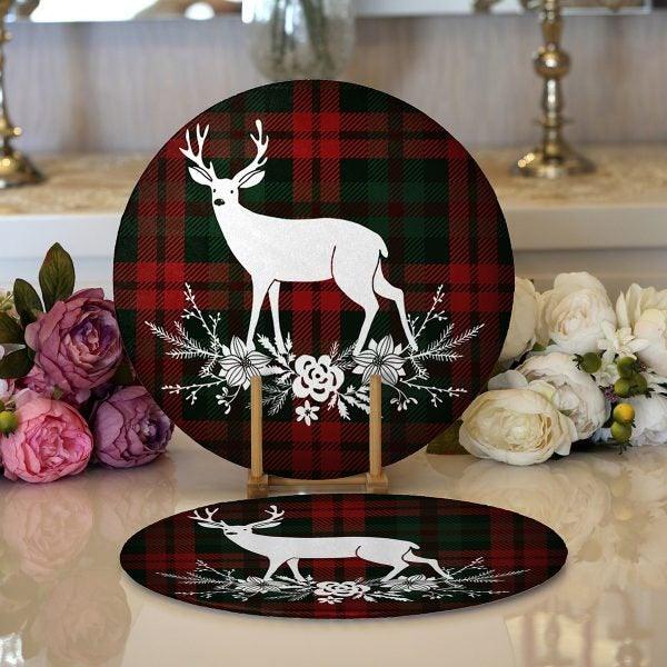 Christmas Placemat|Set of 2 Checkered Xmas Deer Supla Table Mat|Winter Trend Round American Service Dining Underplate|Farmhouse Xmas Coaster