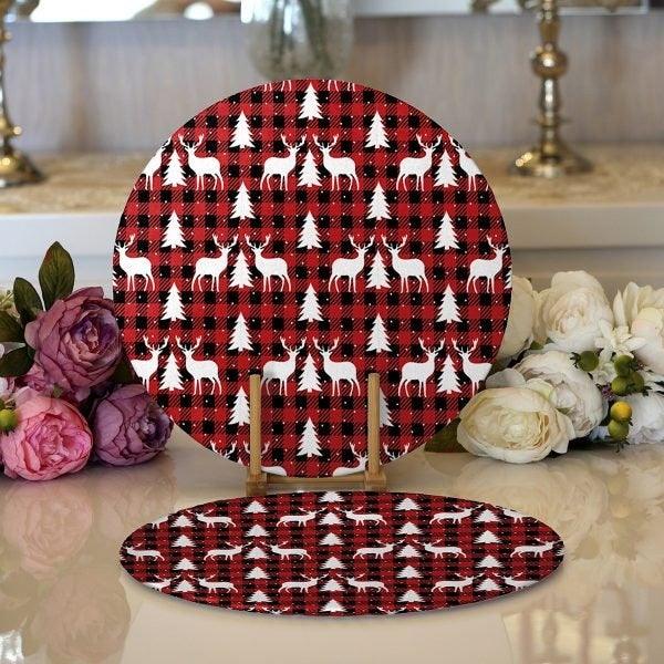 Christmas Placemat|Set of 2 Checkered Xmas Deer Supla Table Mat|Winter Trend Round American Service Dining Underplate|Farmhouse Xmas Coaster