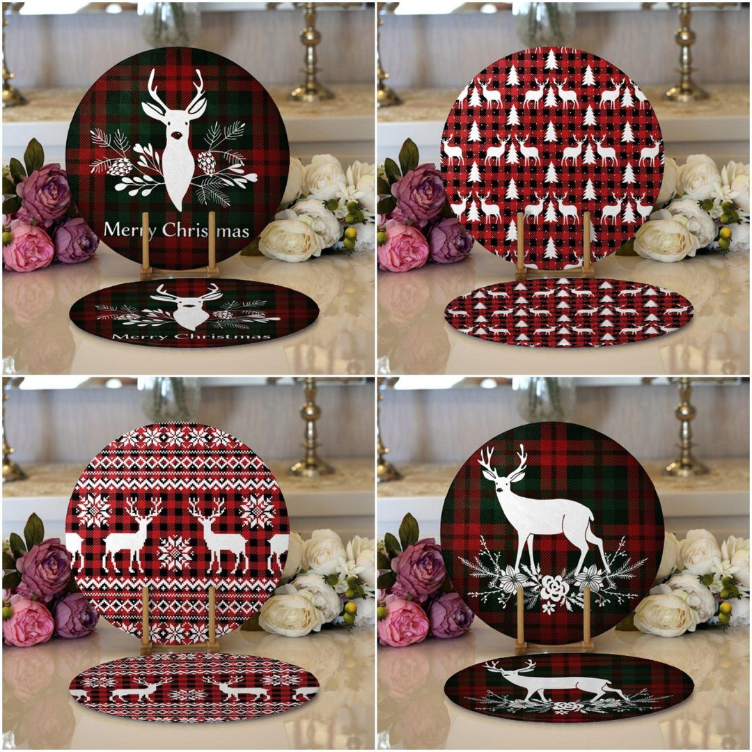 Christmas Placemat|Set of 2 Checkered Xmas Deer Supla Table Mat|Winter Trend Round American Service Dining Underplate|Farmhouse Xmas Coaster