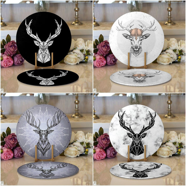 Christmas Placemat|Set of 2 Buckhorn Print Table Mat|Winter Trend Round American Service Dining Underplate|Farmhouse Style Xmas Deer Coaster