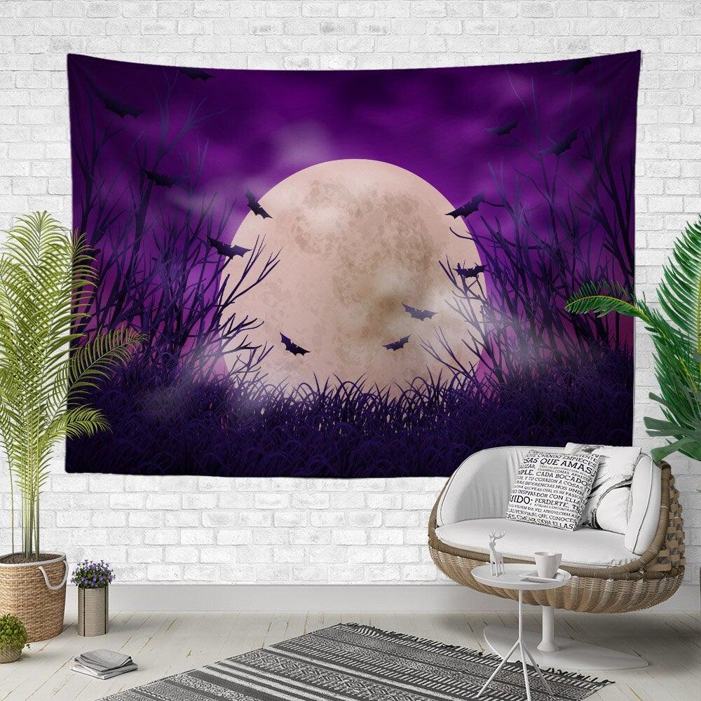 Floral Full Moon Wall Tapestry|Sky View Wall Hanging Art Decor|Housewarming Moon, Tree and Bat Print Fabric Wall Art|Moon Print Tapestry