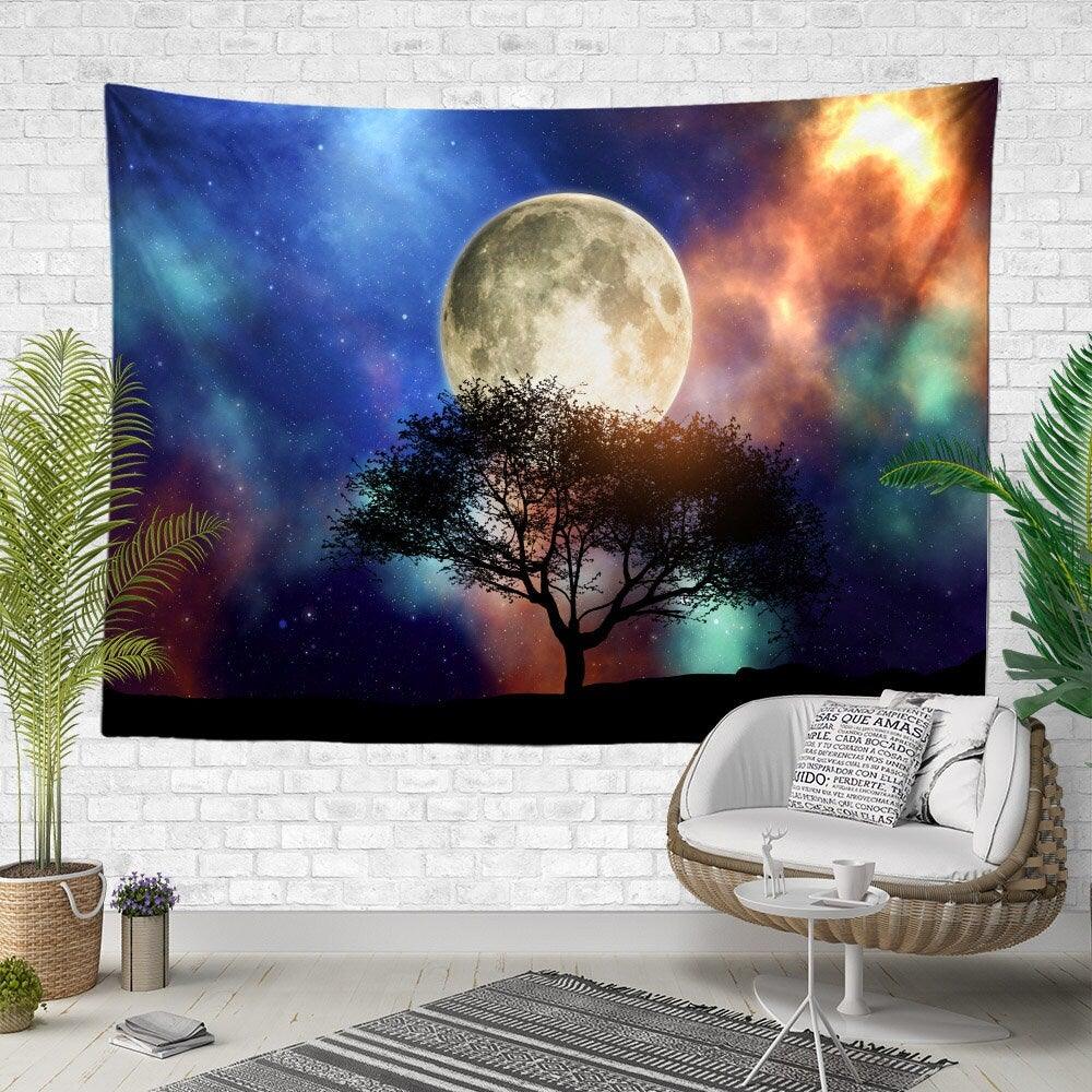 Floral Full Moon Wall Tapestry|Sky View Wall Hanging Art Decor|Housewarming Moon, Tree and Bat Print Fabric Wall Art|Moon Print Tapestry