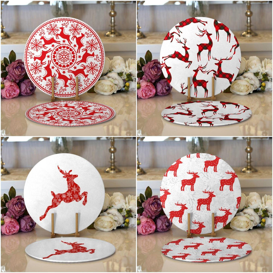 Christmas Placemat|Set of 2 Xmas Deer Supla Table Mat|Winter Trend Round American Service Dining Underplate|Farmhouse Style Winter Coasters