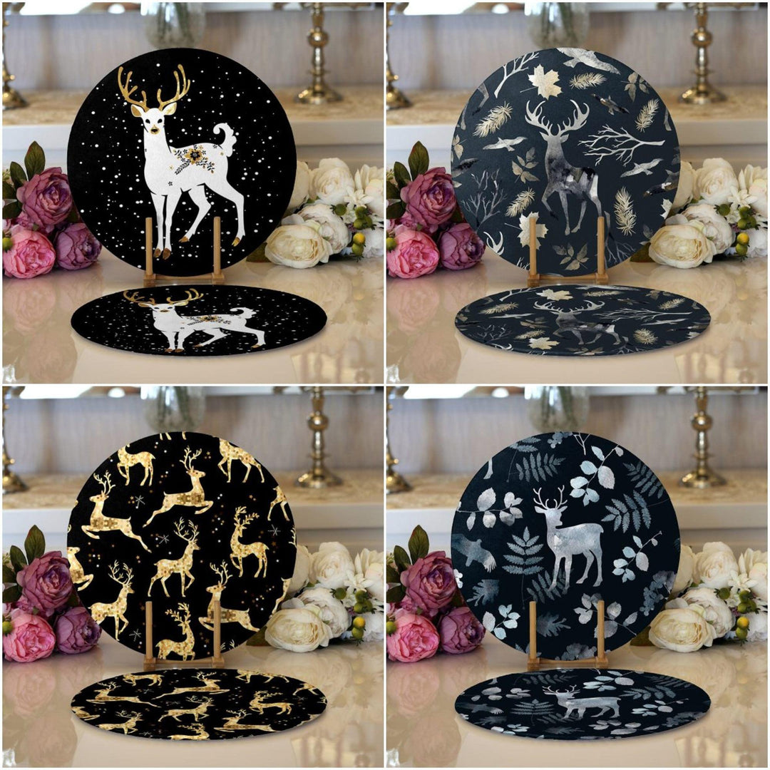 Christmas Placemat|Set of 2 Deer Supla Table Mat|Winter Trend Round American Service Dining Underplate|Farmhouse Black White Gold Coasters