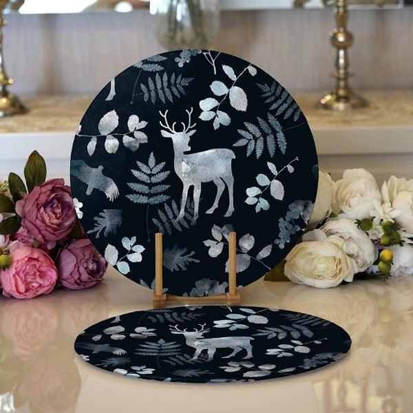 Christmas Placemat|Set of 2 Deer Supla Table Mat|Winter Trend Round American Service Dining Underplate|Farmhouse Black White Gold Coasters