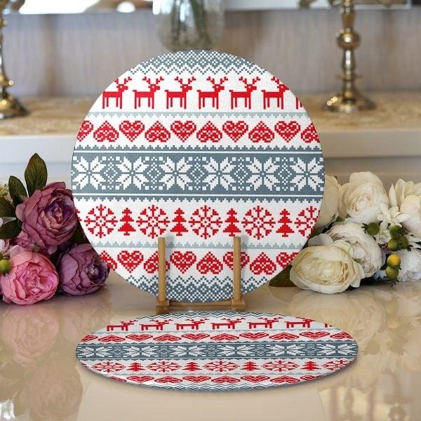 Christmas Placemat|Set of 2 Xmas Deer Supla Table Mat|Winter Trend Red White Round American Service Dining Underplate|Xmas Themed Coasters