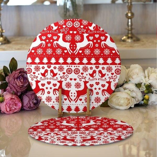 Christmas Placemat|Set of 2 Xmas Deer Supla Table Mat|Winter Trend Red White Round American Service Dining Underplate|Xmas Themed Coasters