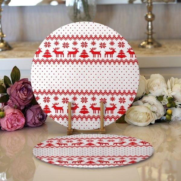 Christmas Placemat|Set of 2 Xmas Deer Supla Table Mat|Winter Trend Red White Round American Service Dining Underplate|Xmas Themed Coasters