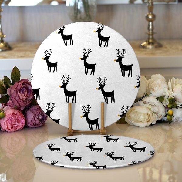 Christmas Placemat|Set of 2 Colorful Deer Print Table Mat|Winter Trend Round American Service Dining Underplate|Farmhouse Winter Coaster Set