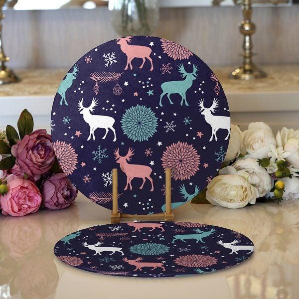 Christmas Placemat|Set of 2 Colorful Deer Print Table Mat|Winter Trend Round American Service Dining Underplate|Farmhouse Winter Coaster Set