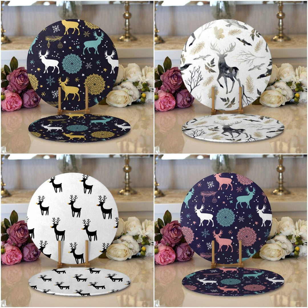 Christmas Placemat|Set of 2 Colorful Deer Print Table Mat|Winter Trend Round American Service Dining Underplate|Farmhouse Winter Coaster Set