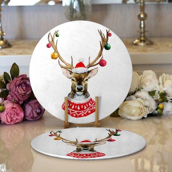 Christmas Placemat|Set of 2 Deer Print Supla Table Mat|Winter Trend Round American Service Dining Underplate|Farmhouse Winter Coaster Set