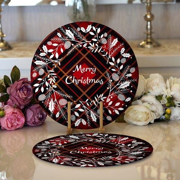 Christmas Placemat|Set of 2 Merry Xmas Supla Table Mat|Winter Trend Round American Service Dining Underplate|Farmhouse Winter Coasters