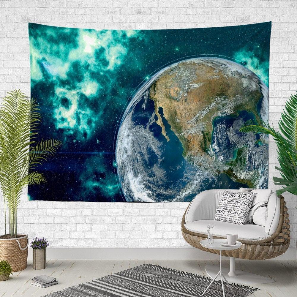 Earth View from Space Wall Tapestry|Cosmos Print Wall Hanging Art Decor|Turquoise Universe Fabric Wall Art|Earth and Stars Print Wall Decor