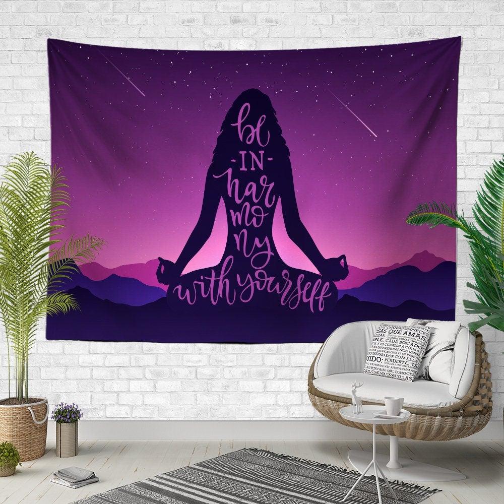 Meditation and Yoga Wall Tapestry|Woman Doing Yoga Wall Hanging Art Decor|Be in Harmony with Yourself Fabric Wall Art|Boho Style Tapestry