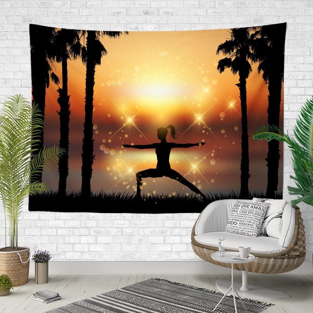 Meditation and Yoga Wall Tapestry|Woman Doing Yoga Wall Hanging Art Decor|Be in Harmony with Yourself Fabric Wall Art|Boho Style Tapestry