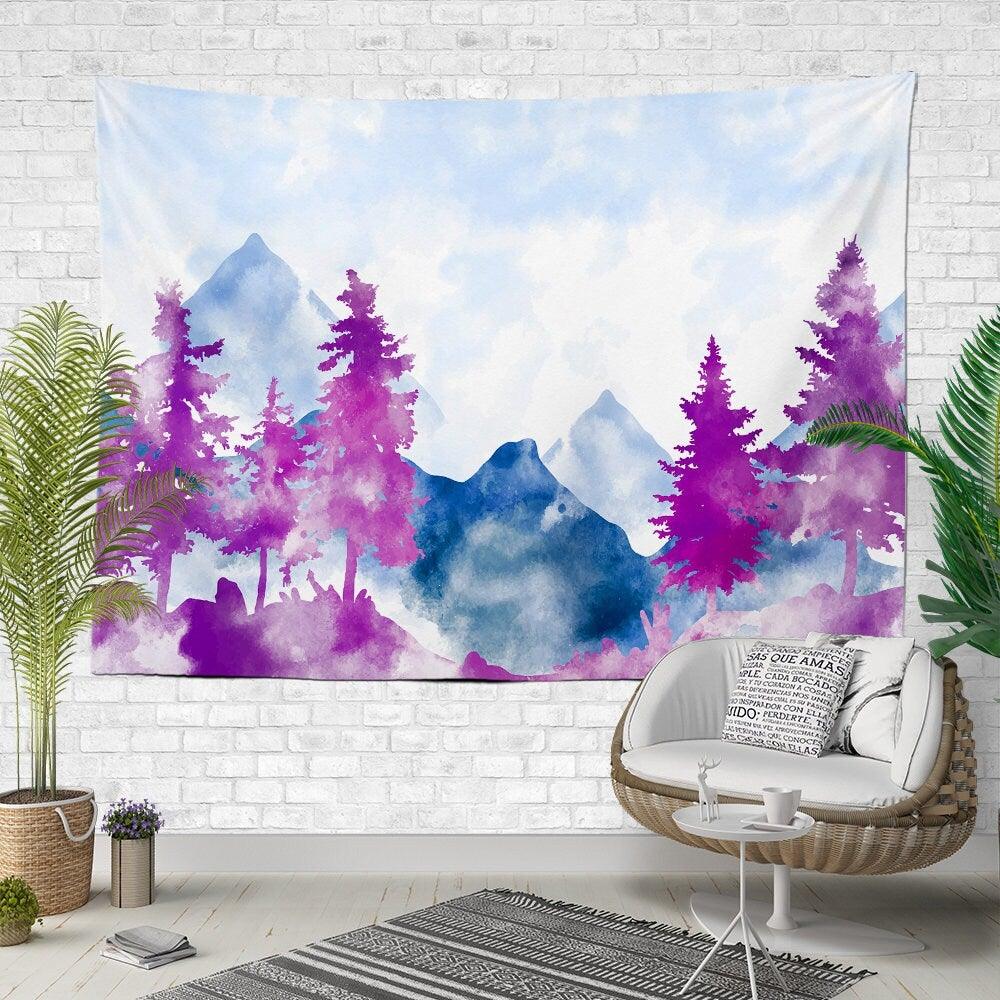 Watercolor Landscape Wall Tapestry|Woman on The Beach Wall Hanging Art Decor|Eiffel Print Fabric Wall Art|Purple Trees, Sunny Day Tapestry