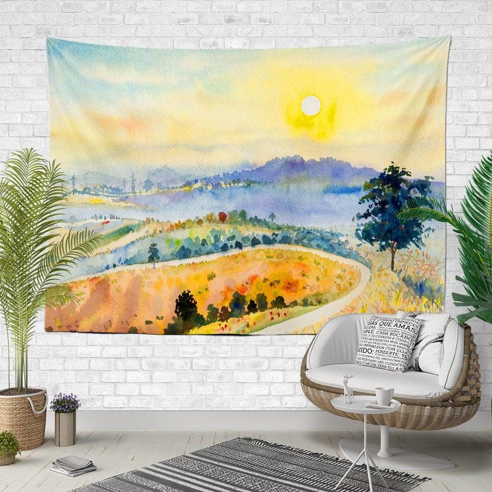 Watercolor Landscape Wall Tapestry|Woman on The Beach Wall Hanging Art Decor|Eiffel Print Fabric Wall Art|Purple Trees, Sunny Day Tapestry