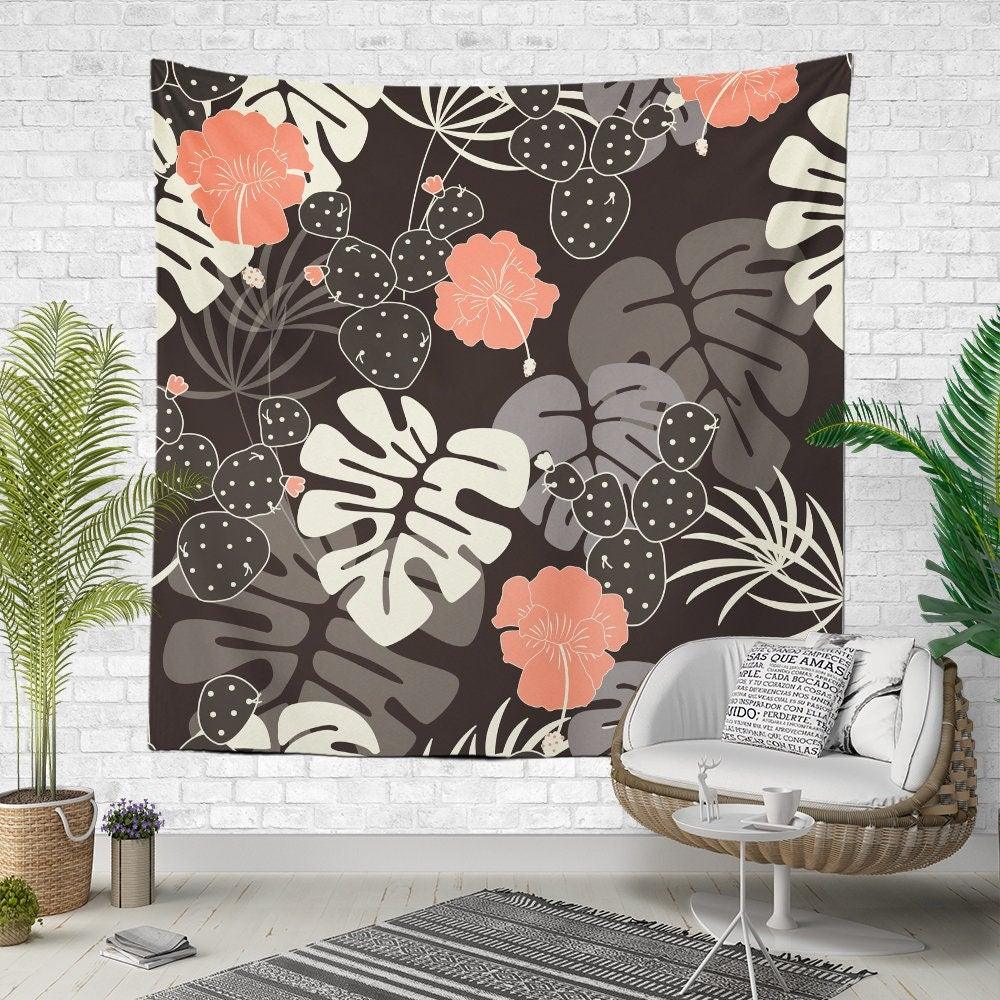 Tropical Leaves Wall Tapestry|Leaf Drawing Wall Hanging Art Decor|Housewarming Square Fabric Wall Art|Decorative Colorful Plants Tapestry