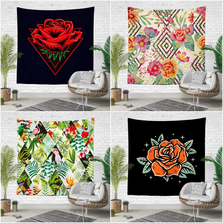 Floral Wall Tapestry|Red Rose Wall Hanging Art Decor|Housewarming Square Fabric Wall Art|Decorative Flowers Leaves and Birds Wall Tapestry