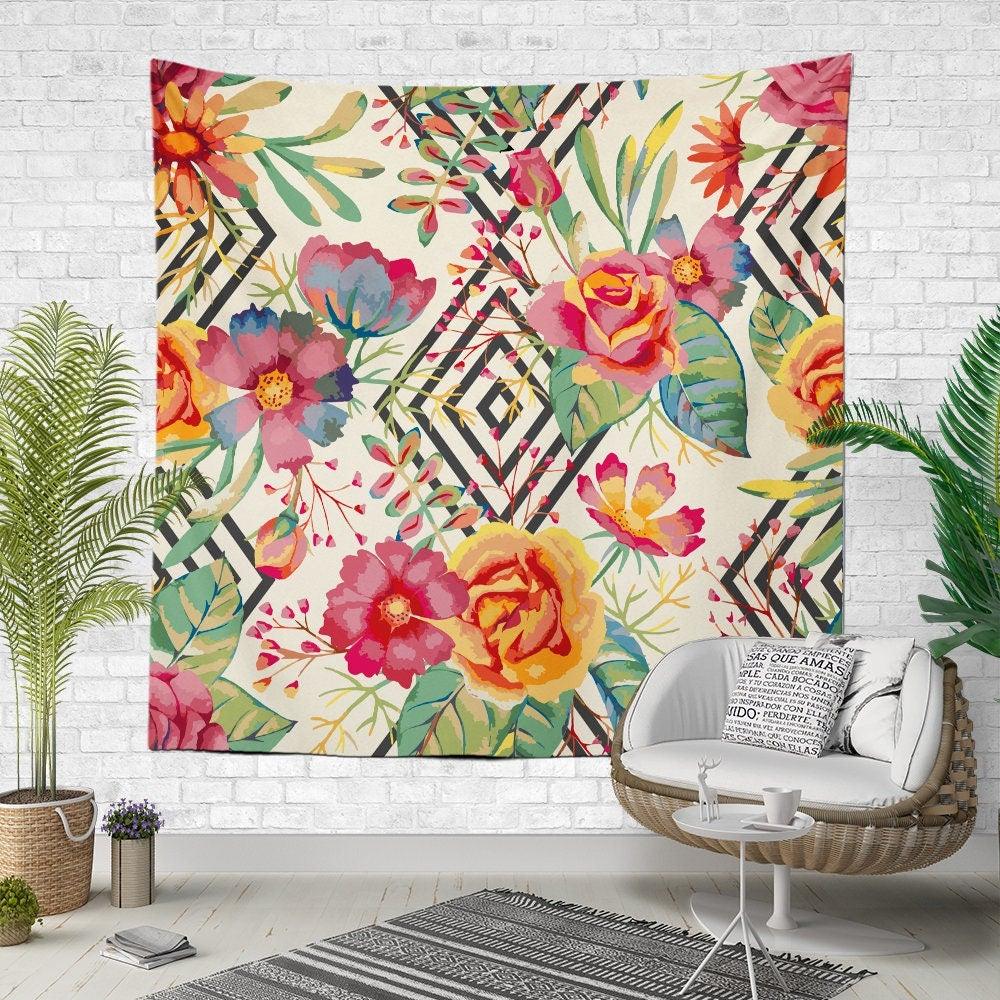 Floral Wall Tapestry|Red Rose Wall Hanging Art Decor|Housewarming Square Fabric Wall Art|Decorative Flowers Leaves and Birds Wall Tapestry