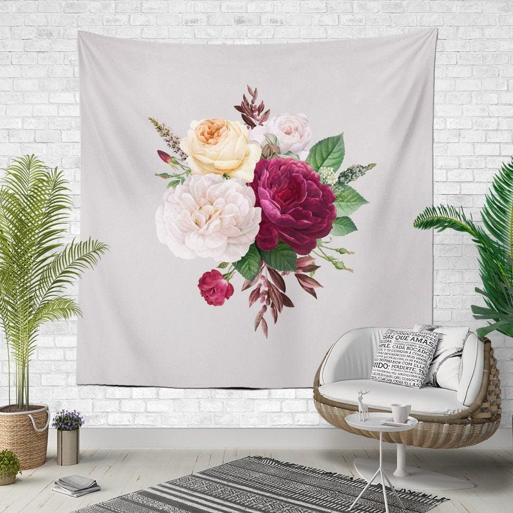 Floral Wall Tapestry|Colorful Flowers Wall Hanging Art Decor|Housewarming Rose Print Square Fabric Wall Art|Decorative Floral Wall Tapestry