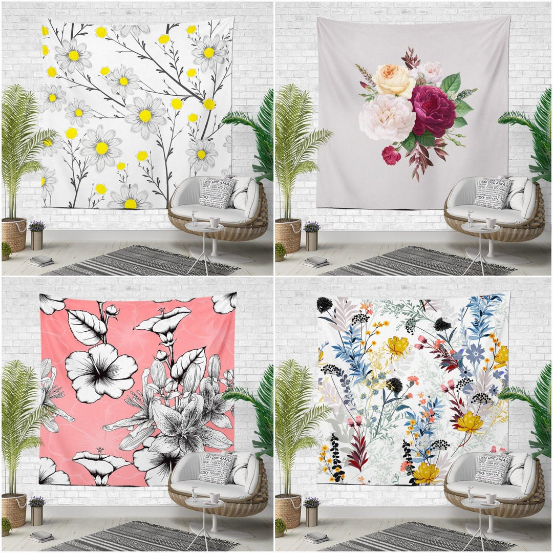 Floral Wall Tapestry|Colorful Flowers Wall Hanging Art Decor|Housewarming Rose Print Square Fabric Wall Art|Decorative Floral Wall Tapestry