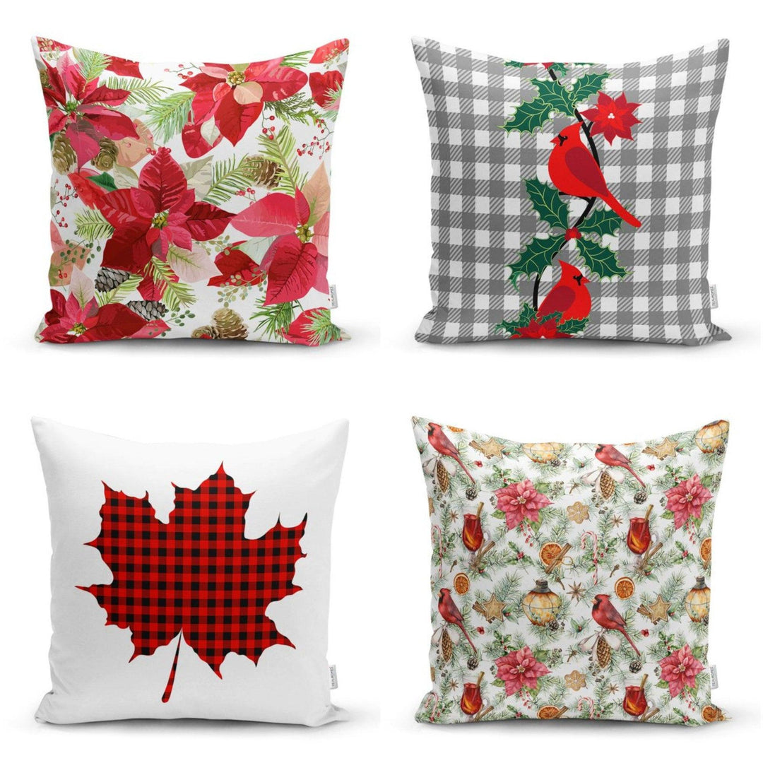 Winter Trend Pillow Case|Christmas Pillow Cover|Floral Red Xmas Home Decor|Cardinal Bird and Poinsettia Throw Pillow|Checkered Leaf Decor