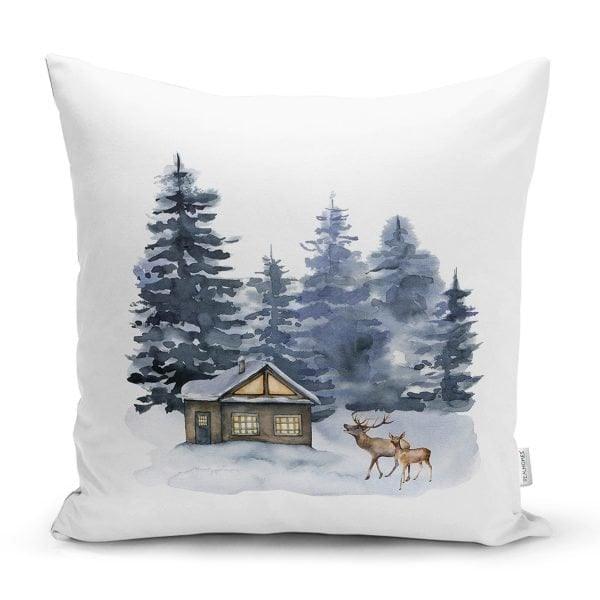 Winter Trend Cushion Cover|Christmas Pillow Case|Snow Houses and Pine Trees Home Decor|Housewarming Deer Print Throw Pillow Top|Xmas Cushion