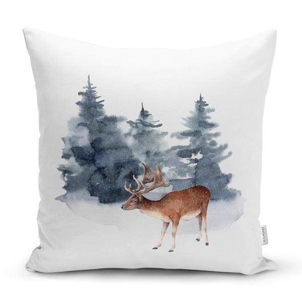 Winter Trend Cushion Cover|Christmas Pillow Case|Snow Houses and Pine Trees Home Decor|Housewarming Deer Print Throw Pillow Top|Xmas Cushion