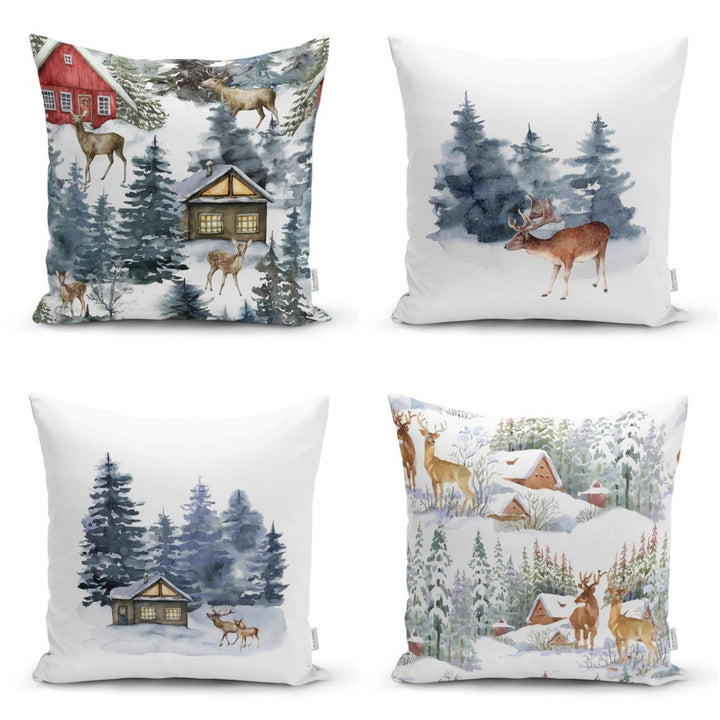 Winter Trend Cushion Cover|Christmas Pillow Case|Snow Houses and Pine Trees Home Decor|Housewarming Deer Print Throw Pillow Top|Xmas Cushion