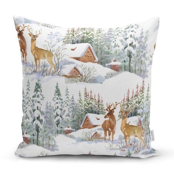 Winter Trend Cushion Cover|Christmas Pillow Case|Snow Houses and Pine Trees Home Decor|Housewarming Deer Print Throw Pillow Top|Xmas Cushion