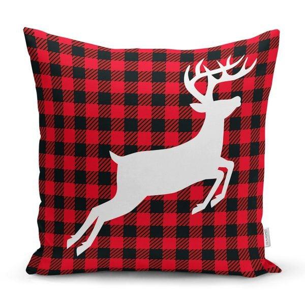 Winter Trend Cushion Cover|Christmas Pillow Case|Checkered Xmas Deer and Leaves Home Decor|Housewarming Gray Buckhorn Print Throw Pillow Top