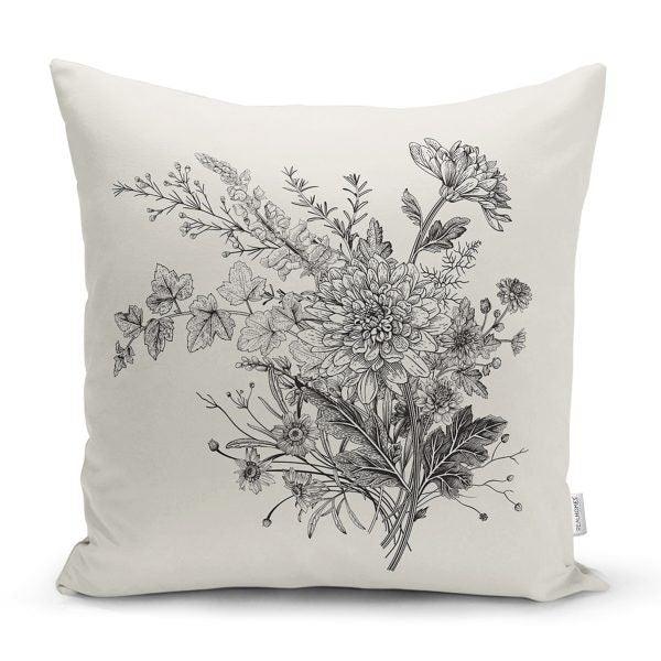 Floral Pillow Cover|Gray and White Floral Decor|Decorative Floral Living Room Cushion Case|Farmhouse Pillow Cover|Bee and Flowers Pillow Top